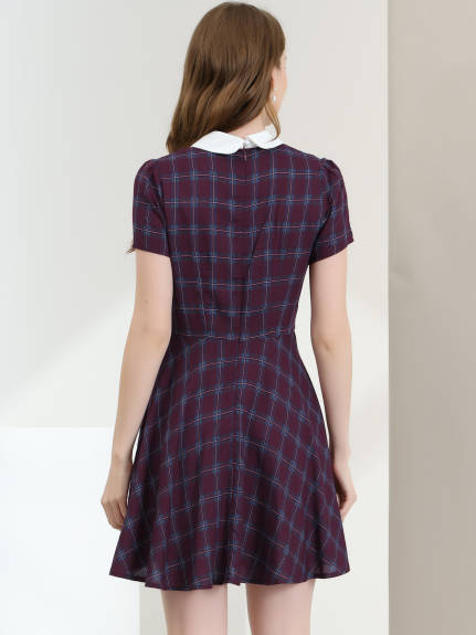 Allegra K- Peter Pan Collar Puff Sleeves Above Knee Plaid Grid Dress