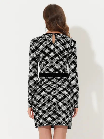 Allegra K- Plaid Mesh Panel Long Sleeve Bodycon Dress