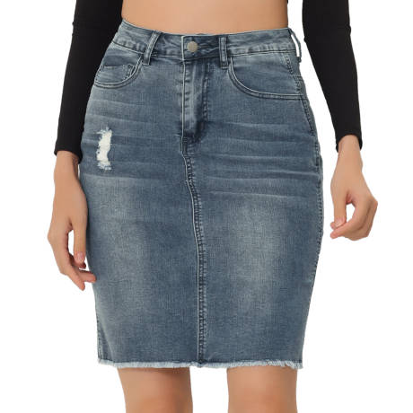 Allegra K- Ripped Hem Washed Midi Denim Skirt