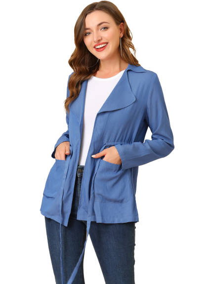 Allegra K - Thin Lightweight Drawstring Chambray Jacket