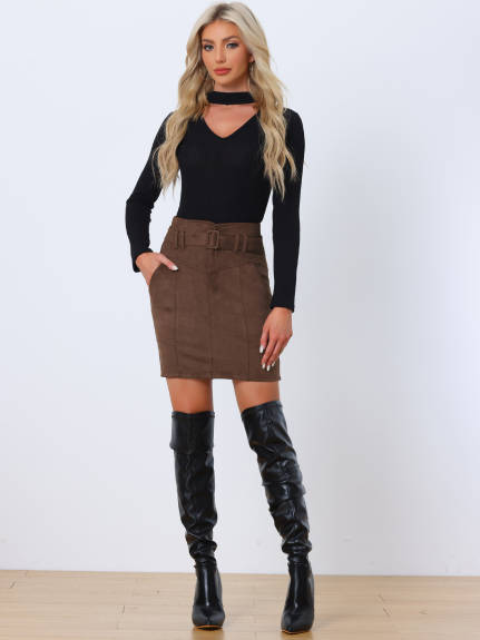 Allegra K - Faux Suede High Waist Belted Skirt