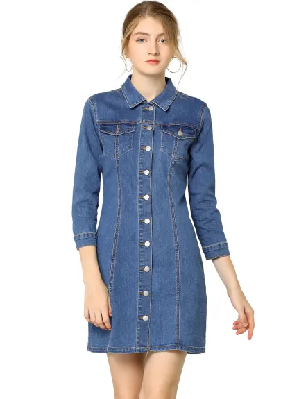 Allegra K- Robe chemise slim en jean à manches 3/4