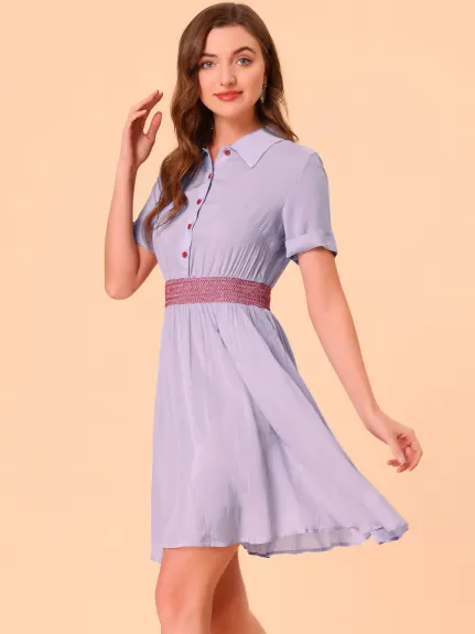 Allegra K- A-line Buttons Smocked Color Block Summer Flare Dress