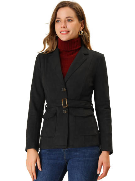 Allegra K- Faux Suede Belted Single Breasted Blazer Jacket Coat