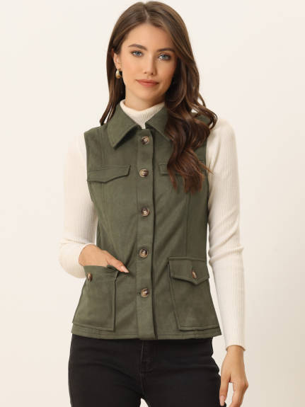 Allegra K- Faux Suede Vest Buttoned Jacket with Cargo Pocket