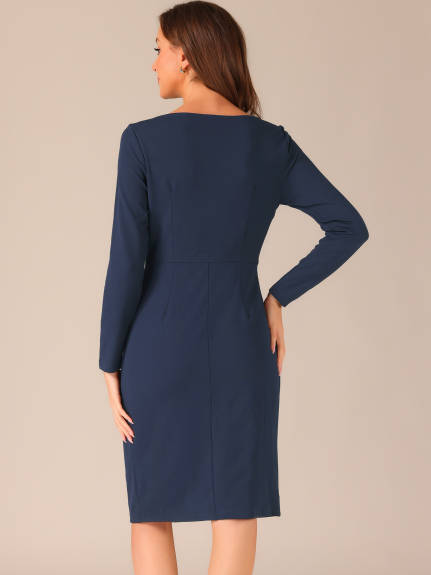 Allegra K- Boat Neck Long Sleeves Sheath Dress