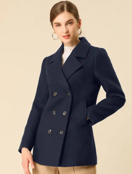 Allegra K- Notched Lapel Double-Breasted Overcoat