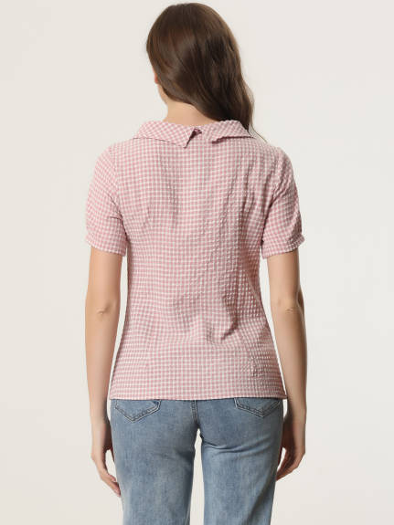 Allegra K - Round Collar Short Sleeve Gingham Top