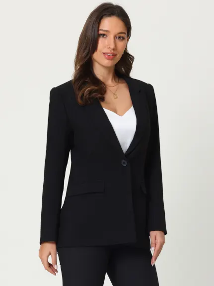 Hobemty - Solid One Button Long Sleeve Blazer