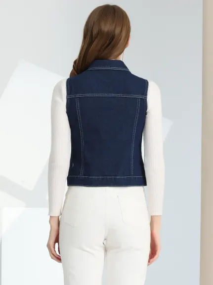 Allegra K- Washed Denim Buttoned Vest with Flap Pockets