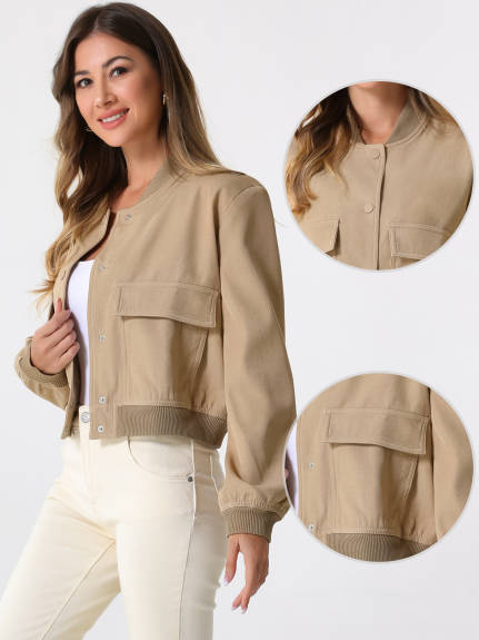 Allegra K - Button Down Stand Collar Bomber Jacket