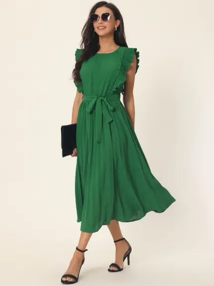 Allegra K - Ruffle Sleeveless Tie Waist Pleated Dress