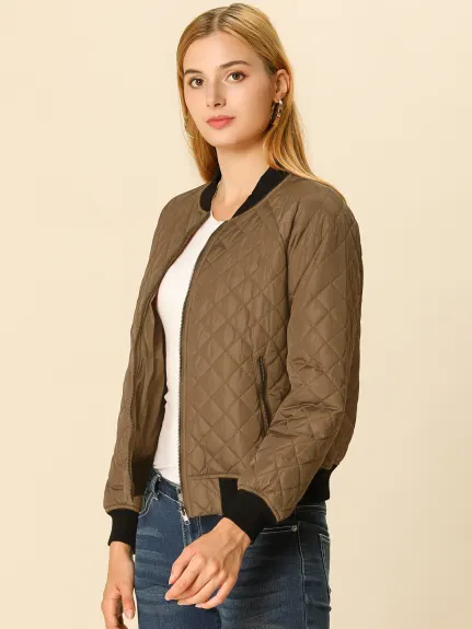 Allegra K- Stand Collar Raglan Sleeve Quilted Bomber Jacket