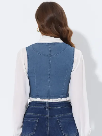 Allegra K- Gilet en jean boutonné à encolure dégagée