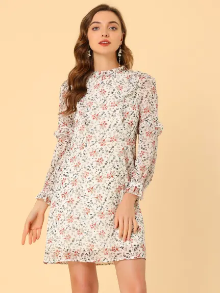 Allegra K- Floral Tie Waist Ruffle Sleeve Chiffon Dress