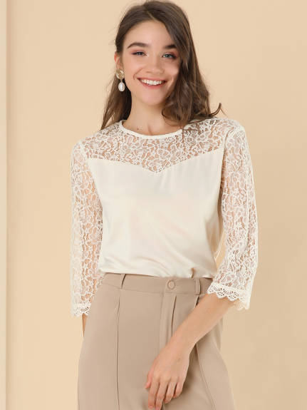 Allegra K - Elegant Lace Sheer 3/4 Sleeve Blouse