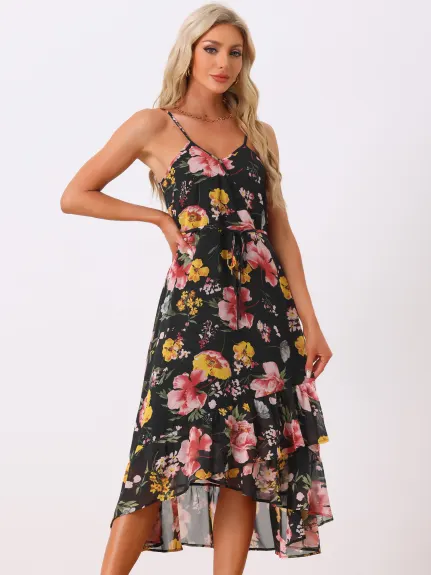 Allegra K - Robe florale sans manches à col en V et ourlet à volants