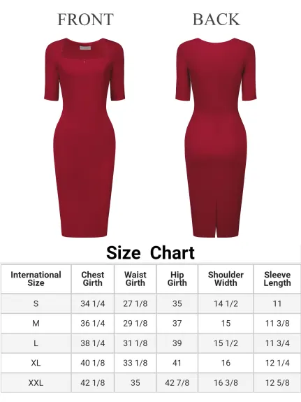 Hobemty- Square Neck Zip Up Short Sleeve Sheath Pencil Dress