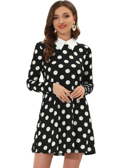 Allegra K- Cute Contrast Collar Long Sleeve Above Knee Dress