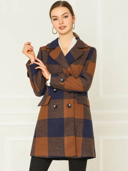 Allegra K- Notched Lapel Double Breasted Plaid Overcoat