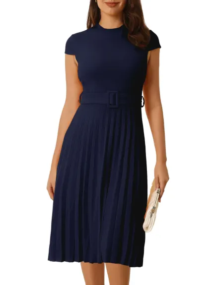 Hobemty- Mock Neck Belted A-Line Pleated Dress