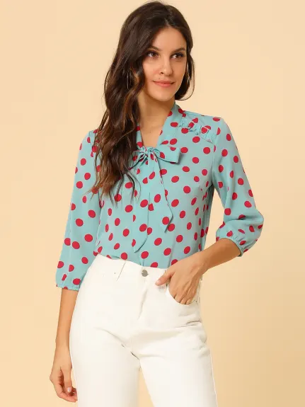 Allegra K- Polka Dots Ruffle Shoulder Bow Tie Neck Blouse