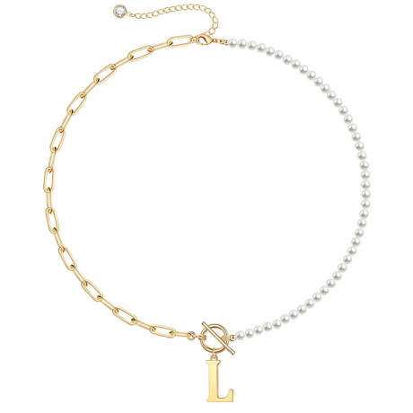 Rachel Glauber 14K Gold Plated Initial "L" Pearl Link Chain Necklace