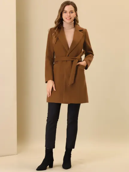 Allegra K- Notched Lapel Belted Wrap Coat with Pockets