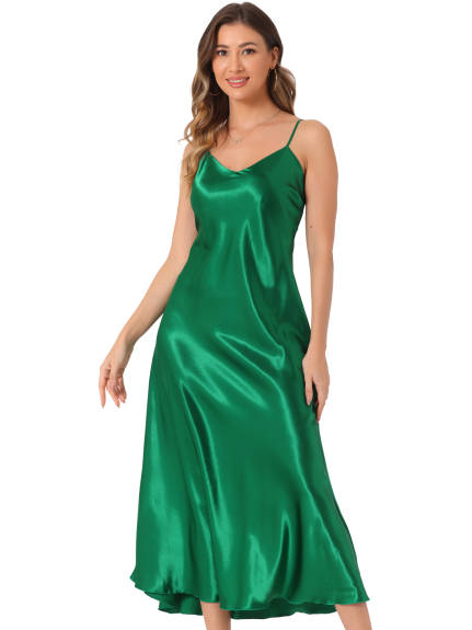 Allegra K - Satin V Neck Spaghetti Strap Maxi Dress