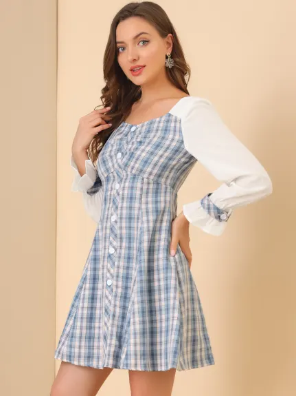 Allegra K- Sweetheart Neck Contrast Panel Cute Plaid Dress