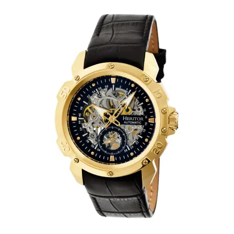 Montre automatique Heritor Conrad Skeleton avec bracelet en cuir - Argent/Noir