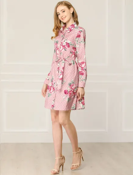 Allegra K- Robe chemise boutonnée à revers et ceinture florale