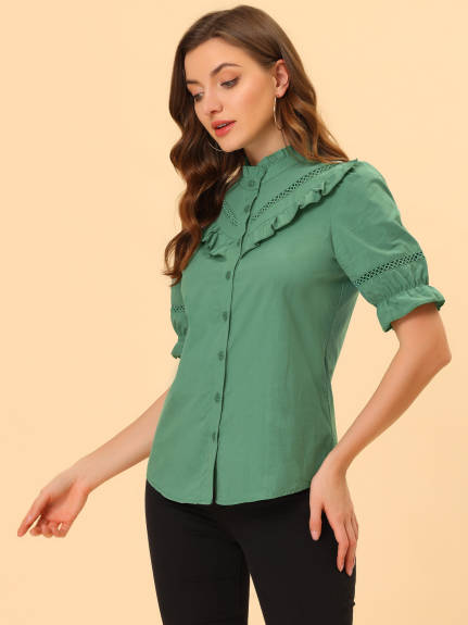 Allegra K - Button Down Cotton Ruffle Neck Shirt