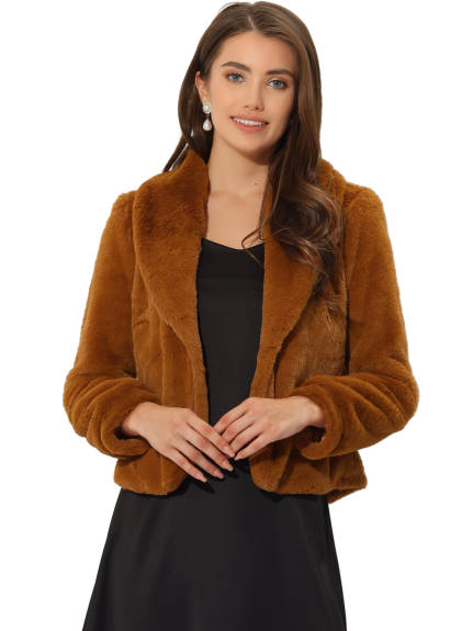 Allegra K- Cropped Jacket Lapel Long Sleeve Faux Fur Fluffy Coat