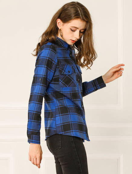 Allegra K- Roll Up Button Down Flannel Shirt