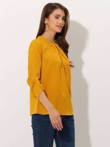 Allegra K- Round Neck Keyhole Pleated Shirred 3/4 Sleeve Top