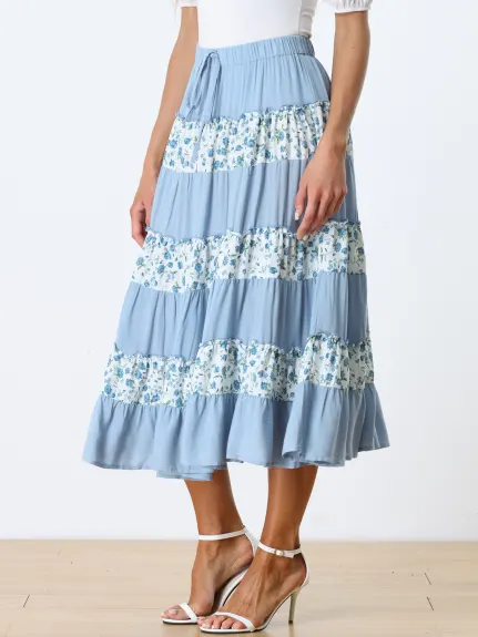 Allegra K- Elastic Waist Floral Midi Tiered Skirt