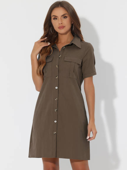 Allegra K- Button Down Safari Pocket Belted Shirt dress