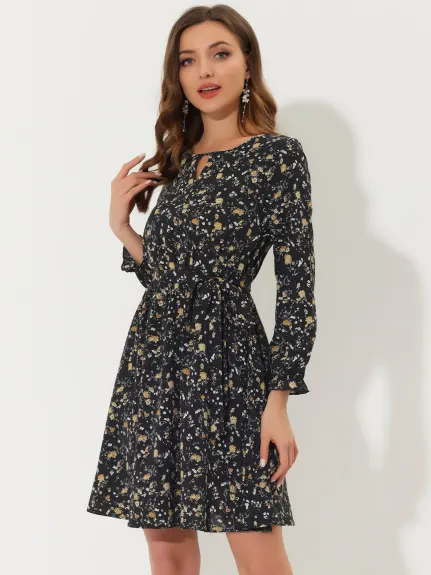 Allegra K- Choker Belted Keyhole V Neck Floral Dress