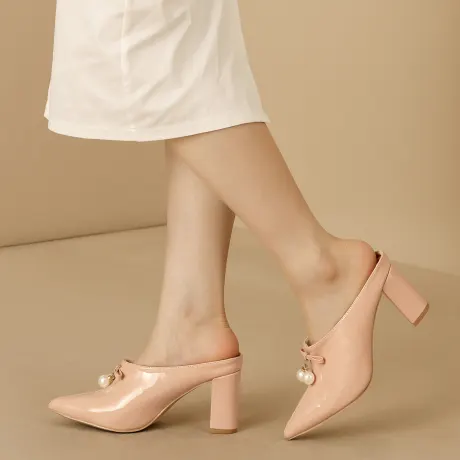 Allegra K- Pointed Toe Pearl Bow Chunky Heel Slide Mules