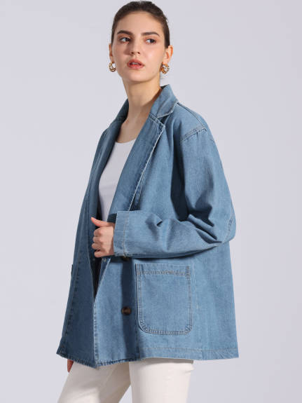 Allegra K - Notched Lapel Oversized Denim Blazer Jacket