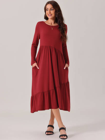 Allegra K - Long Sleeve Pleated Tiered Swing Dress