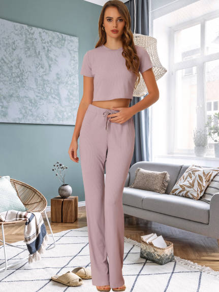 Allegra K- 2 Piece Short Sleeve Crop Top High Waist Wide Leg Pant Tracksuit Set