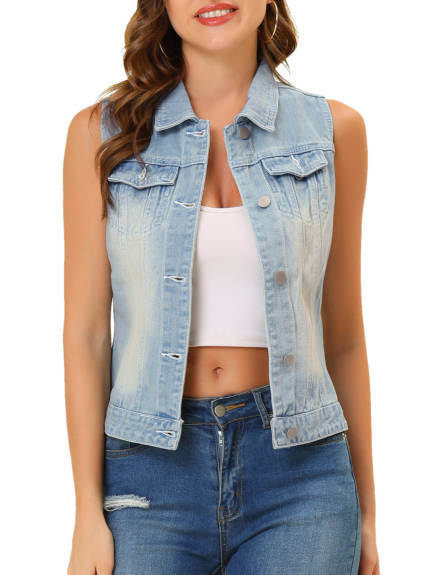 Allegra K- Washed Denim Buttoned Vest with Flap Pockets