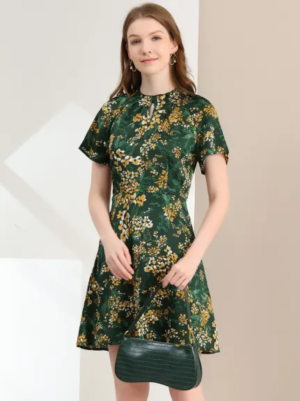 Allegra K- Vintage Mandarin Collar Raglan Sleeve Floral Dress
