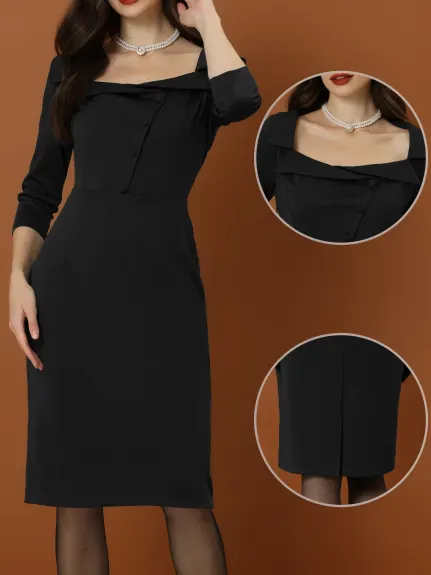 Allegra K- 3/4 Sleeve Square Neck Elegant Pencil Dress