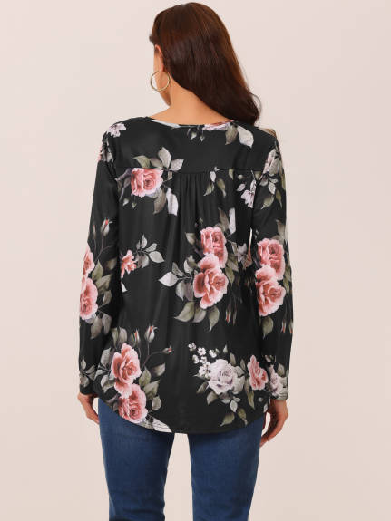 INSPIRE CHIC - Floral Print Henley V Neck Tunic Top