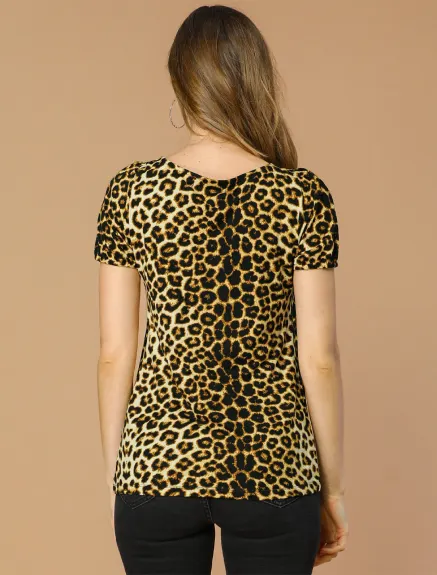 Allegra K- Short Sleeve U-neck Leopard Knit T-shirt