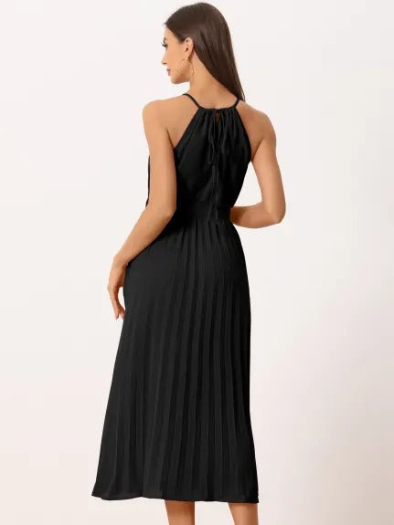 Allegra K- Halter Neck Belted Pleated Dress