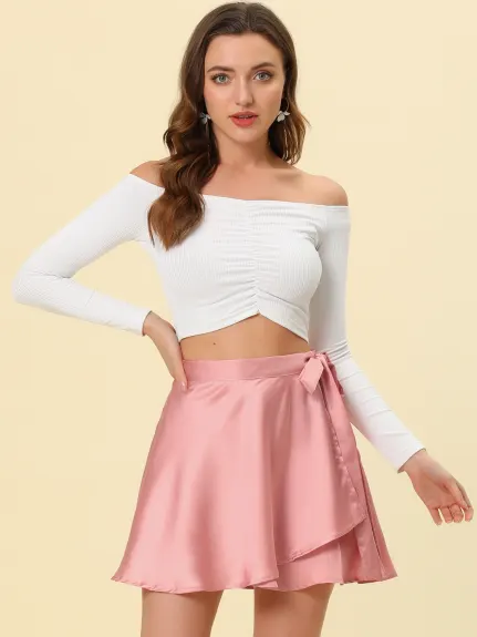 Allegra K- Satin Mini Wrap Skater Skirt